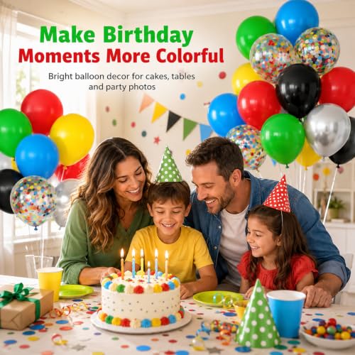 Image of Red Yellow Blue Green Balloon, 50PCS 12Inch Multicolor Balloons with Black Red Blue Yellow Green Silver Ballons and Colorful Confetti Ballon for Birthday,Game Themed Party Supplies