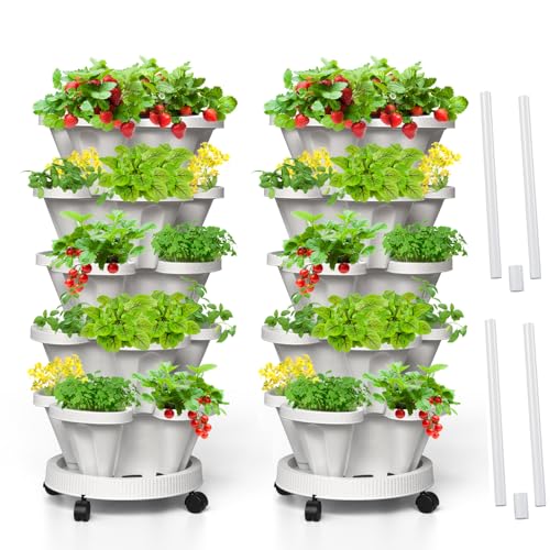 Strawberry Vertical Planter, 5 Tiered Stacking Garden Tower, Stackable Herb Vegetable Planters with Support Pole Indoor and Outdoor - White