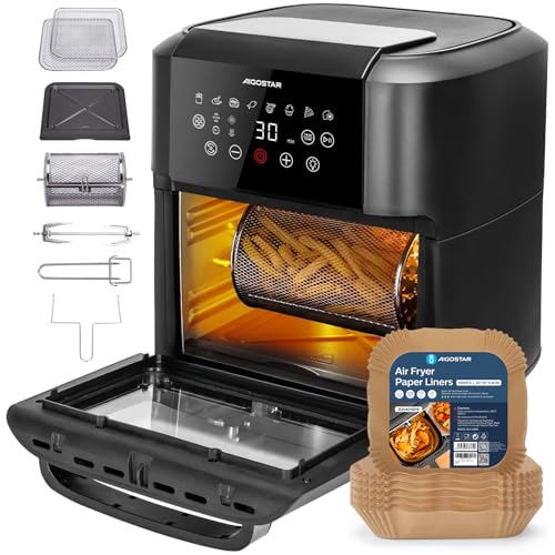 Aigostar 12L Freidora de Aire 1700W, 8 Programas Preestablecidos, Pantalla LED + Función Giratoria, 7 Accesorios con Papel Freidora Aire 100 Unidades