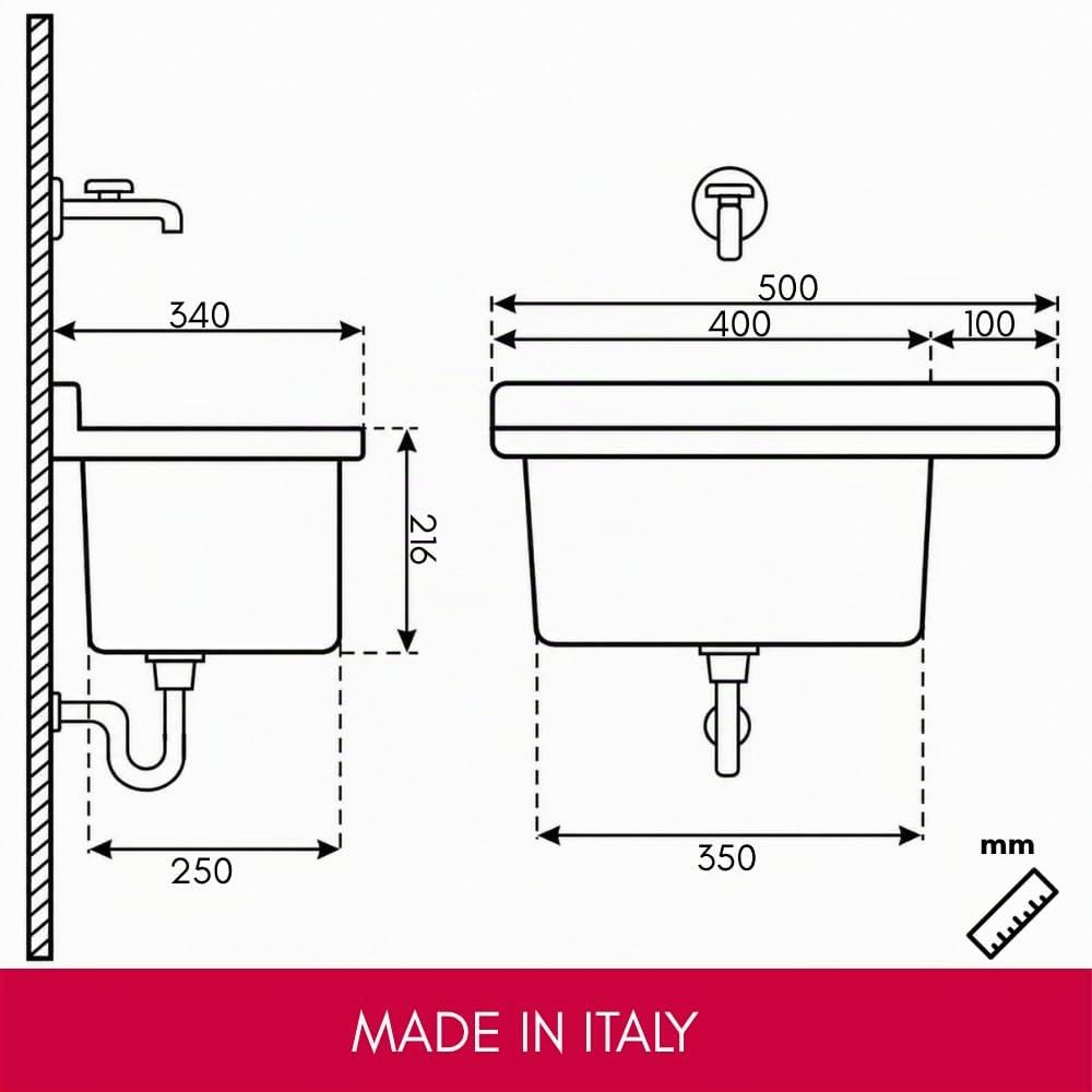 Schläfer 9610102 - Pilozzo a Parete in Resina colore Granito Grigio 50x35x24 cm con sifone di Scarico e Piletta, Lavatoio Lavapanni per Interno ed Esterno, Lavello Resistente agli acidi di uso comune