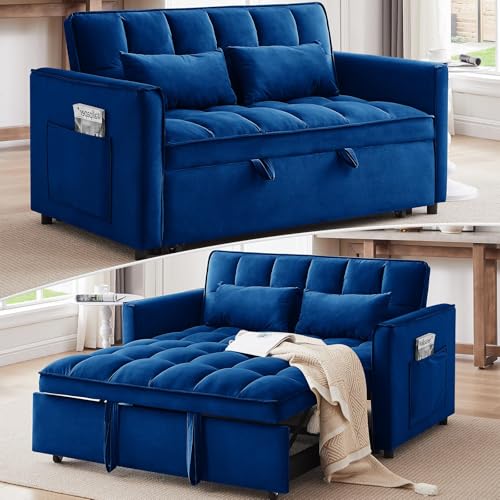 Image of Dreamzie 53 inch Sleeper Sofa, 3 in 1 Convertible Sofa Bed & Pull Out Couch, Modern Velvet Loveseat with Adjustable Backrest, Side Pocket & 2 Pillows for Apartment Living Room, Blue