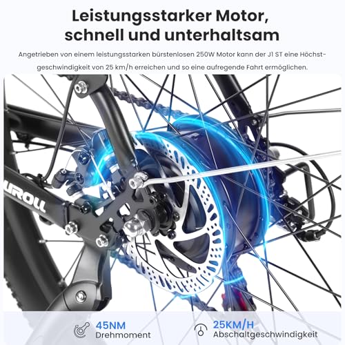 Tourroll J1 ST 27.5' E Bicikl, električni bicikl, trekking bicikl, e-bicikl za muškarce i žene s baterijom 36V 561.6Wh, domet 100km, motor 250W, e-bicikl sa 7-brzinskim mjenjačem, Pedelec gradski bicikl EBike za odrasle