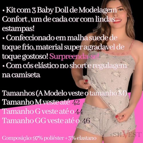 Kit 3 Baby Doll Short Camiseta Pijama Verão Gostoso Suede cor:sortida;tamanho:M
