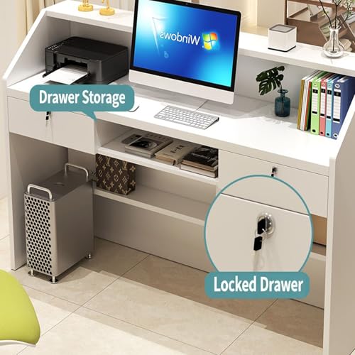 Warmer weißer 120cm Empfangs-Schreibtisch mit abschließbarer Schublade, stabile hölzerne Fronttheke für Büro-Salon, abgerundetes Kanten-Design, einfache Montage-moderner Business-Tisch