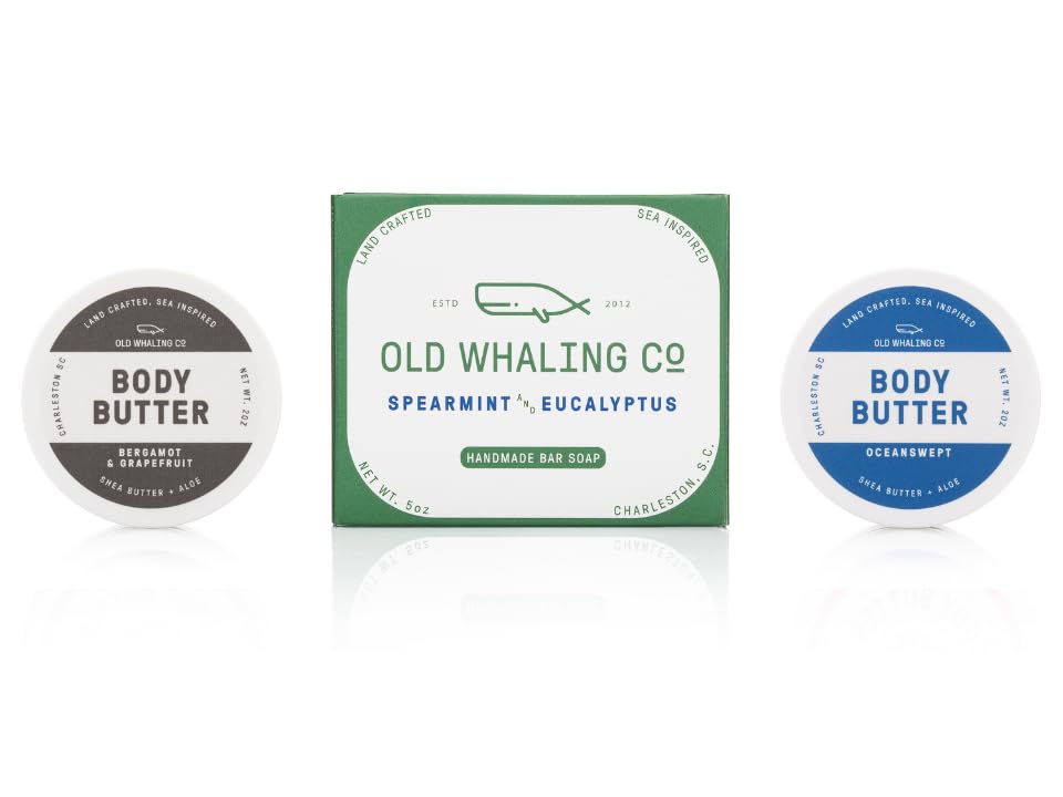 Old Whaling Co Invigorating Discovery Kit | set of 3 products | 3 bold scents | travel friendly | bar soap + 2 travel size body butters | Bergamot & Grapefruit | Oceanswept | Spearmint & Eucalyptus