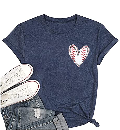 MOUSYA Baseball Mom Shirt Women Heart Baseball Shirt Softball Mom Tee Casual Short Sleeve Tops Deep Blue2