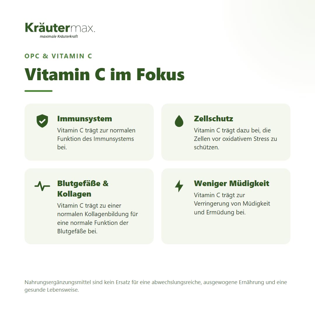 Kräutermax OPC Traubenkernextrakt und Vitamin C Kapseln, Hochdosiert mit Taurin, Kieselerde, Vegan, 90 Kapseln