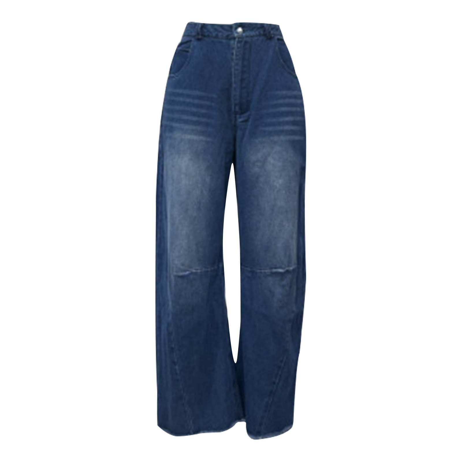 Jean vintage pour femme - Taille moyenne - Jambe large - Pantalon ample avec poches, bleu, M