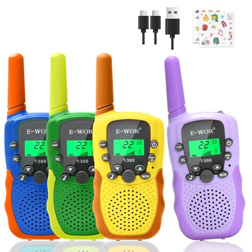 E-WOR Walkie Talkies for Kids Rechargeable, 4 Pack 3KMS Long Range Walkie Talkies Toy with Flashlight Adventure Toys for 3 4 5 6 7 8 9 10 11 12 Year Old Boys Girls, Great for Kids