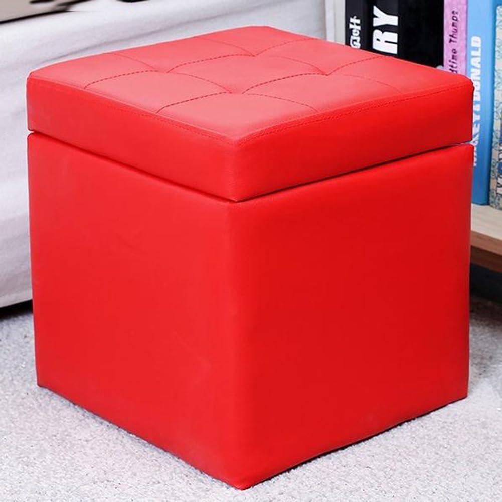 Pouf imbottito con contenitore, lussuoso poggiapiedi imbottito, per soggiorno e camera da letto, in ecopelle, con coperchio incernierato (rosso)