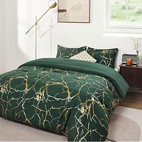 Smoofy Gold Emerald Green Comforter Full Bed Set Marble Print Glitter Gold Bedding Set Luxury Dark Green Full Comforter Set for Men Women Full Size Bedding Set 3Pcs (1 Comforter, 2 Pillowcases)