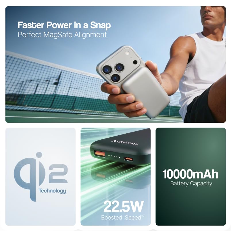 Image of Ambrane [New & Faster] Qi2 & MagSafe Wireless 10000mAh Powerbank, Improved 15W Faster Wireless Charging, 22.5W Wired Output, Qi2 Certified, Fast Charging, 22.5W Output, for iPhone (Snap 2, Blue)
