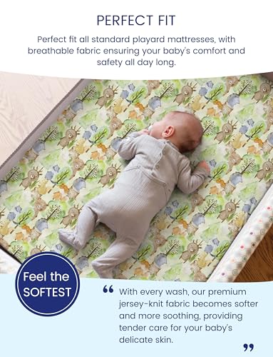 Image of TotAha Mini Crib Sheets 24x38, Ultra Soft Pack N Play Sheets Fitted Boy Girl, Super Stretchy Jersey Knit Pack and Play Mattress Sheets, Hypoallergenic, Forest Bear & Cute Deer
