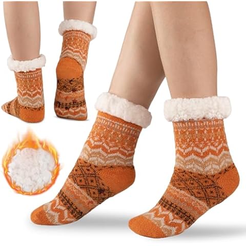 Bodvera Slipper Socks for Women Warm Winter Cozy Fuzzy Fleece-Lined Socks Thick Pattern Floor Home Socks with Grippers Cover
