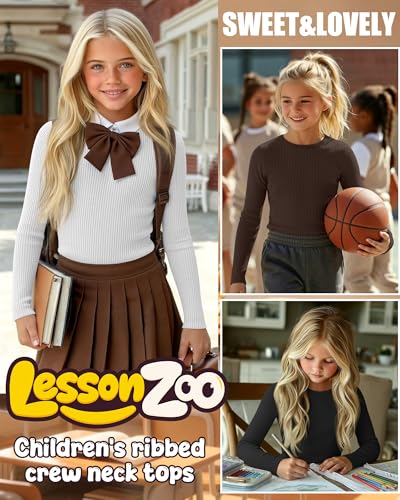 Image of 4 Pack Girls Long Sleeve Shirts Ribbed Knit Cotton Crewneck Tops Slim Fit Soft Casual Kids Base Layer Undershirts