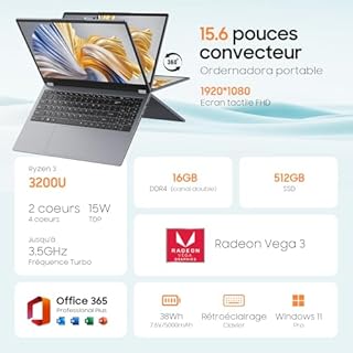 Yoga 2-en-1 Ordinateur Portable 15,6",Win 11 Pro 16 Go de RAM DDR4, 512 Go de SSD ,AMD Ryzen 3 3200U (jusqu'à 3,5 GHz),AMD Radeon Vega 3,Écran Tactile Full HD,Wi-FI 5,BT5.1,RJ45,Clavier rétroéclairé