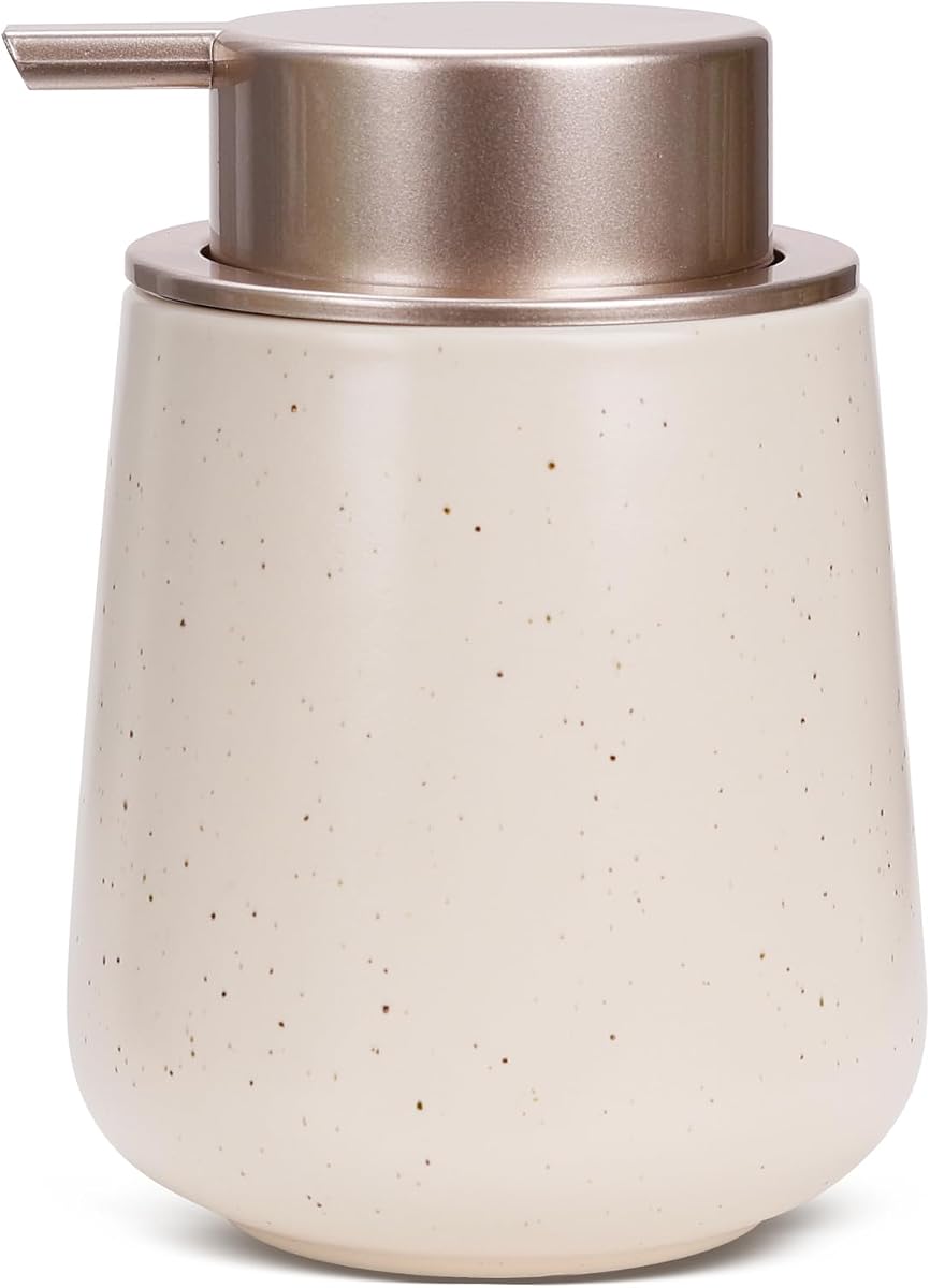 BosilunLife Dispensador de jabón de cerámica - Dispensador de jabón para platos para baño 12 Oz | Dispensador de lavado de manos líquido recargable para aceite esencial, jabón en loción, albaricoque con motas