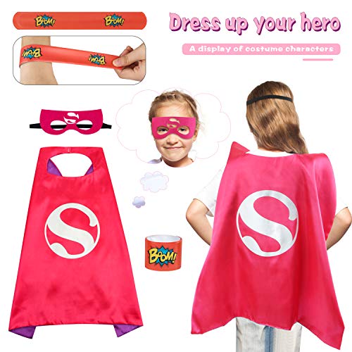 kuaima Superhero Capes for Kids Girl Halloween Cosplay Costume Party Christmas Double Side Cape Role Play Dress Up for Girl with Masks&Bracelet Slaps - Thumbnail 5