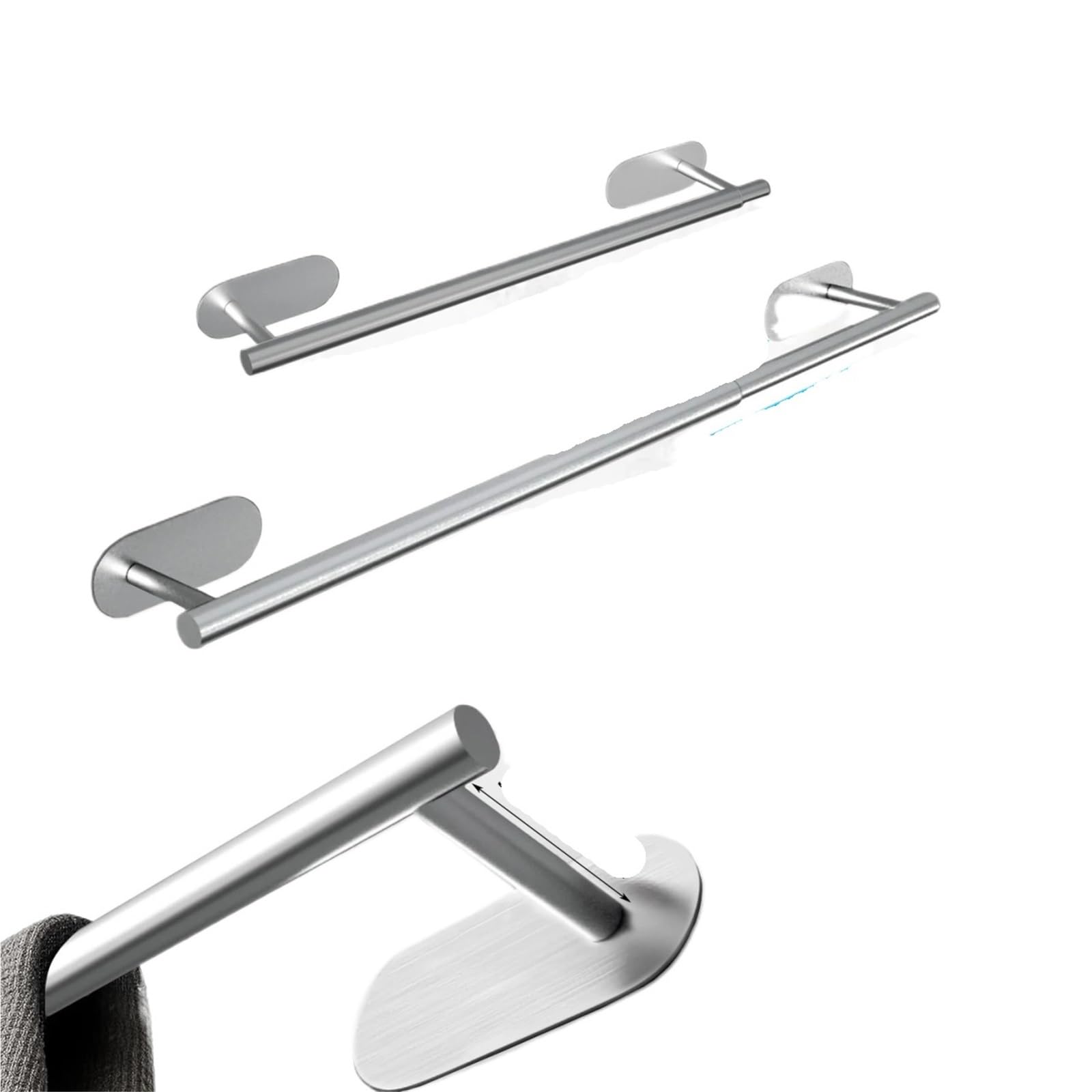 Drillless Bathroom Towel Rack Stainless Hanger Retractable 40cm To 59cm Adhesive Holder Rail for Bathroom(Silver)