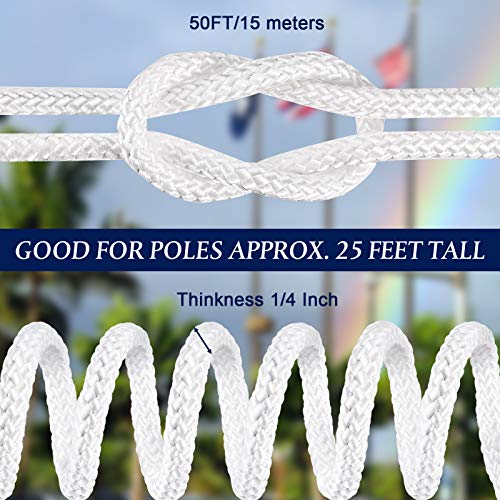 1/4 Inch X 50 Feet Wire Center Flagpole Rope With 2 Stainless Steel Snap Hooks, Polyester Braided White Long Rope Steel Center Halyard Line For Flag Pole, Durable #TOP1
