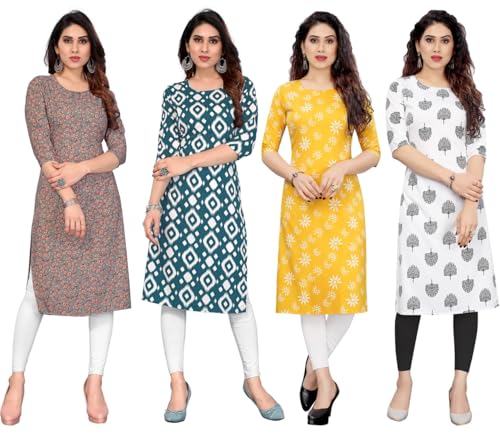 Image of JAKHANA Women's Crepe Printed Casual Straight Calf Length Round Nick Kurta Pack of 4