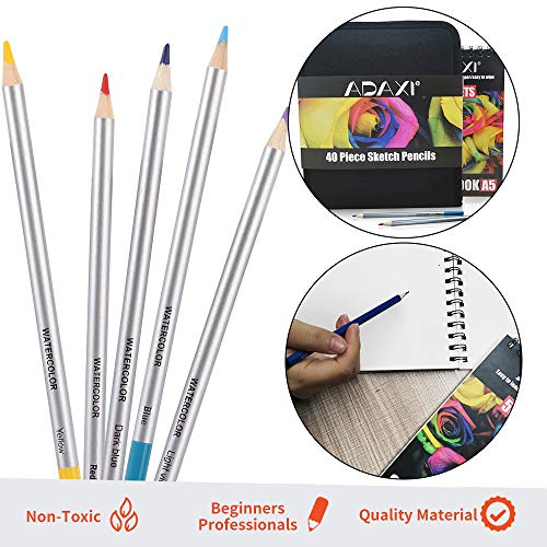 ADAXI 43-Piece Colored Pencil Set and Sketch Pen Set - Professional Watercolor Pencils for Adults/Kids, w/ Black Zipper Case & Two 50-Page Sketchbooks - Durable Art Pencils for Coloring, Sketching, Blending