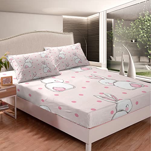Cute Rabbit Bedding Fitted Sheet Cartoon Bunny Bed Sheet Set for Kids Boys Girls Lovely Little Dots Rabbit Decor Bedding Sheets Girly Pink Bed Cover Bedroom Collection 3Pcs Queen Size