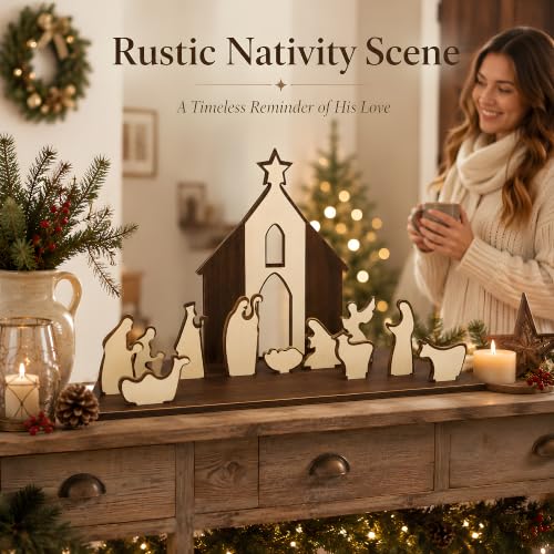13 PC Wooden Holy Night Nativity Table Decor - image 6
