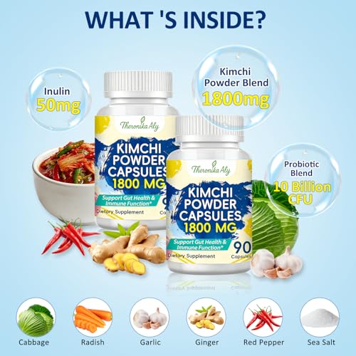 Image of Kimchi Probiotic, 10 Billion CFU, 90 Vegan Capsules | Fermented kimchi powder with prebiotic inulin. Gut health and digestive support. Fermented vegetable superfood.