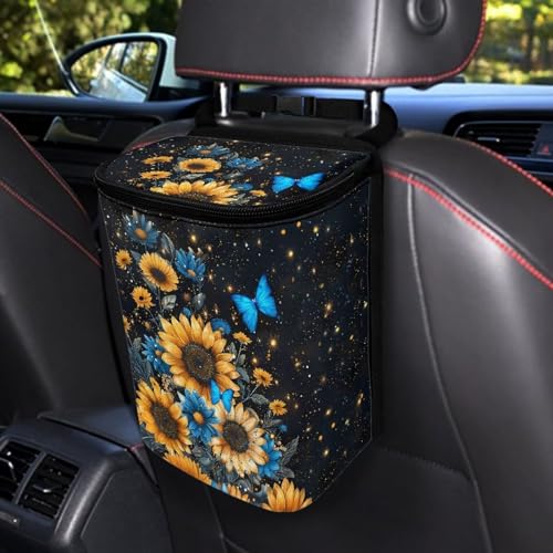 Image of Blue Butterfly Sunflower Print Car Trash Can - Foldable, Automotive Garbage Bin with Leak Proof Hanging Bag