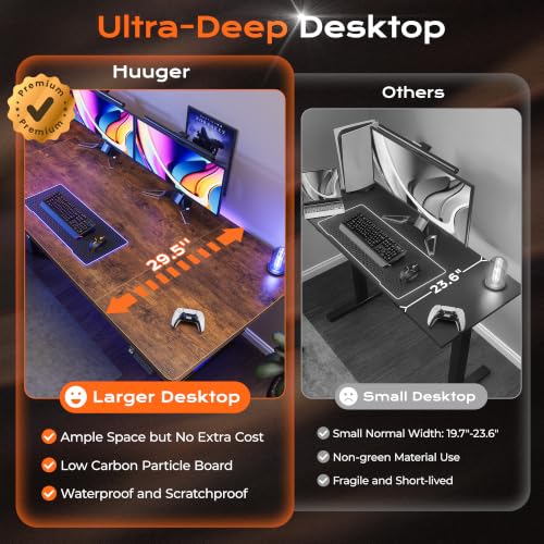 Image of Huuger 71 x 30 Large Electric Standing Desk, Height Adjustable Computer Desk, 29.5 inch Deep Desktop, Stand up Gaming Office Table with 2 Hooks, 3 Preset Heights, for Home Office, Rustic Brown