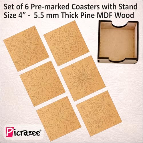 Image of PICRAZEE DIY Art & Craft Wooden Painting Kit for Kids | Premarked Square Coaster MDF Painting Set with 6 Colors 2 Brushes Palette and Stand | Drawing and Coloring Activity Set for Home and Gifting