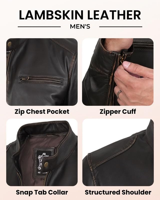 Image of Blingsoul Leather Jacket Men - Real Lambskin Cafe Racer Motorcycle Style Jacket for Mens