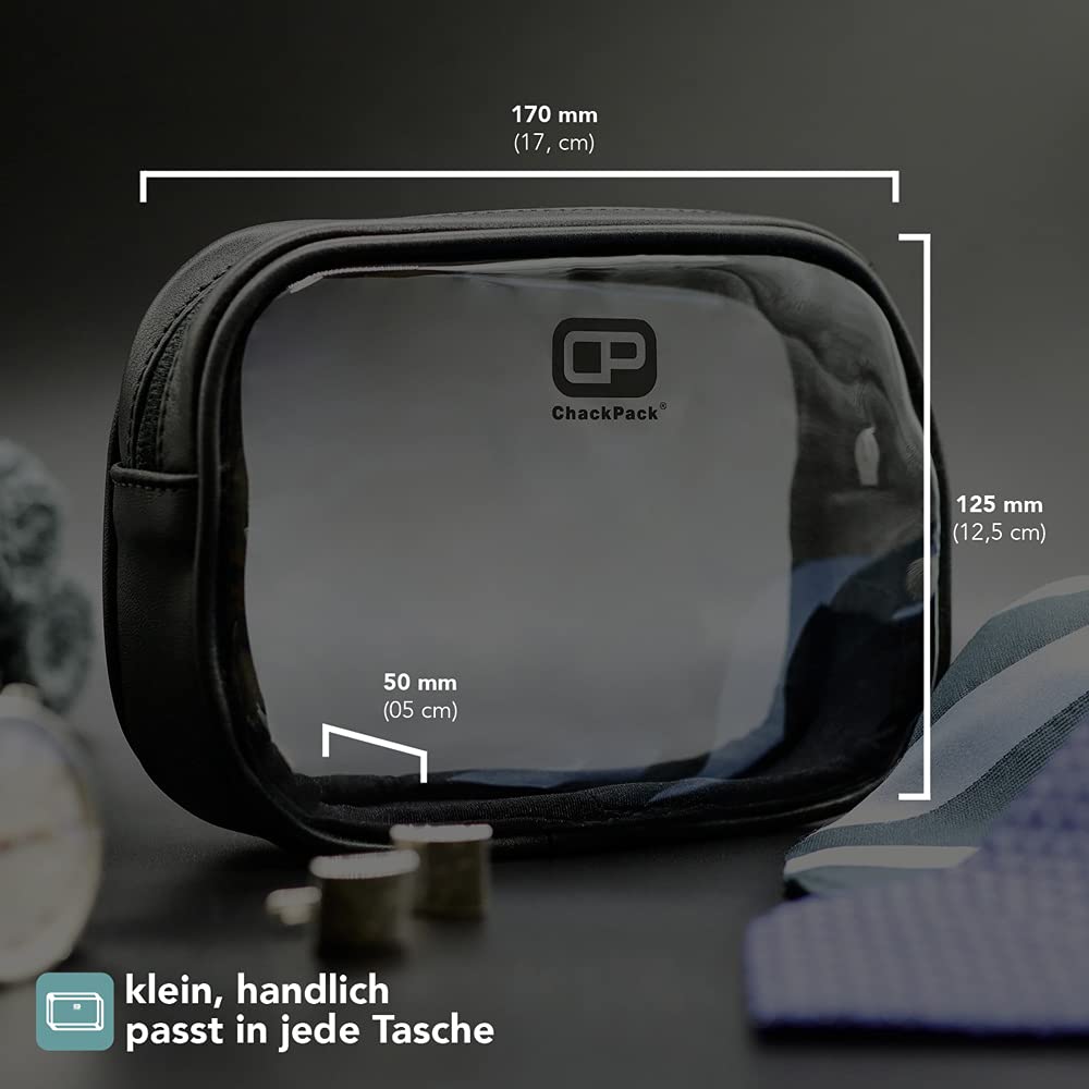 ChackPack Reisetasche Leder Edition - durchsichtig I ideal für Reisen als Handgepäck, Kulturbeutel oder Kosmetiktasche I Unisex Reise Organizer Set I wasserfeste Schminktasche mit Aufhängfunktion