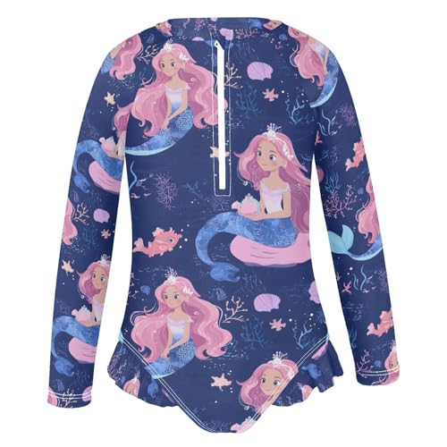 ALAZA Beautiful Mermaid Coral Reef Starfish Girls One Piece Swimsuit Long Sleeve Rash Guard Swimsuits UV 50+ Swimwear Zipper2