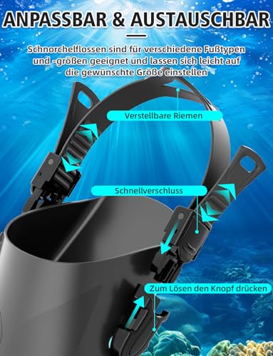CIYYFVA Schnorchelflossen Verstellbar, Flossen Verstellbar mit Offener Ferse, Reisegröße Schwimmflossen für Schnorcheln, Tauchen & Schwimmen für Erwachsene, Kinder, Damen & Herren (L/XL 42-47)