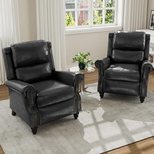 Pushback Recliner Chair,Upholstered Wingback Chair for Small Spaces,2 Set of PU Leather Armchair for Living Room,Single Sofa Accent Chair Reading Seat for Balcony,Bedroom-Black