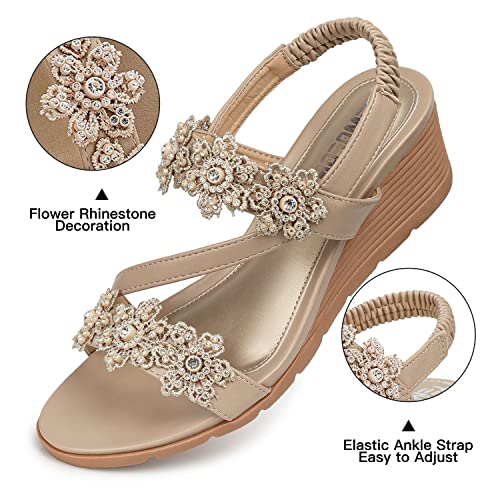 TEMOFON Wedge Sandals for Women Dressy: Summer Open Toe Elastic Ankle Strap - Comfortable Bohemian Low Wedge Sandals2