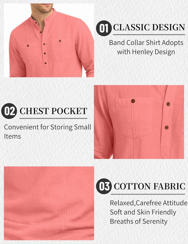 Image of ROYALSCOUT Men's Cotton Polyester Blend Kurta Style Shirt with Mandarin Collar, Half Button Placket, Dual Chest Pockets, Long Sleeve Casual Ethnic Fusion Wear for Office, Festive and Daily Use