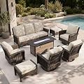 HERA'S HOUSE 8-Piece Patio Furniture Set with Outdoor Swivel Chairs & Fire Pit Table, High Back Wicker Conversation Sets with 5.5" Thick Cushions, All-Weather Deep Seating Sofa with Ottomans, Beige