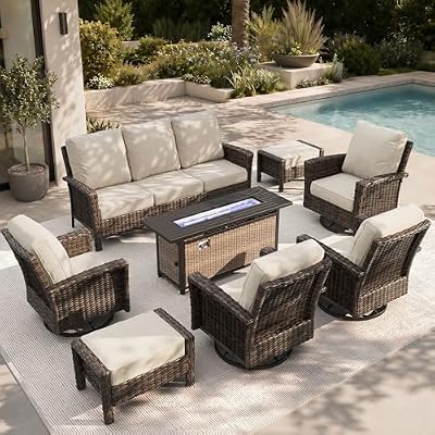 HERA'S HOUSE 8-Piece Patio Furniture Set with Outdoor Swivel Chairs & Fire Pit Table, High Back Wicker Conversation Sets with 5.5" Thick Cushions, All-Weather Deep Seating Sofa with Ottomans, Beige