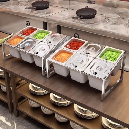 Contenitori per condimenti in acciaio inossidabile, ripiano inclinato per spezie, stazione di copertura a doppio strato con coperchi e cucchiai per sale, snack, farina e prodotti secchi