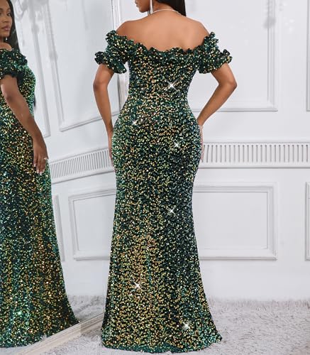 Image of dasmzper Women Sexy Sequin Off Shoulder Ruffle Short Sleeve Bodycon Mermaid Party Formal Evening Maxi Dress