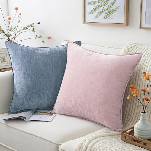 decorUhome Couch Throw Pillow Covers 22x22 Set of 2, Decorative Soft Euro Neutral Chenille Pillow Covers with Elegant Design for Sofa Bed Living Room Home Decor, Blue