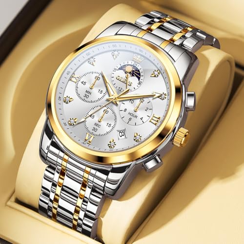 Image of OLEVS Multifunctional Chronograph Calendar Watch for Man Diamond Analog Moon Phases Wrist Watches Stainless Steel Waterproof Luminous Mens Watch