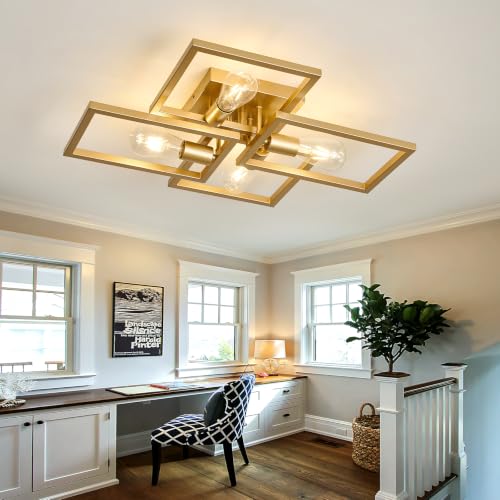 Image of ASGYISA Gold Industrial Semi Flush Mount Ceiling Light Kitchen Light Fixtures 4-Light Modern Large Matte Sputnik Chandelier for Dining Room Bedroom Farmhouse Living Room Closet