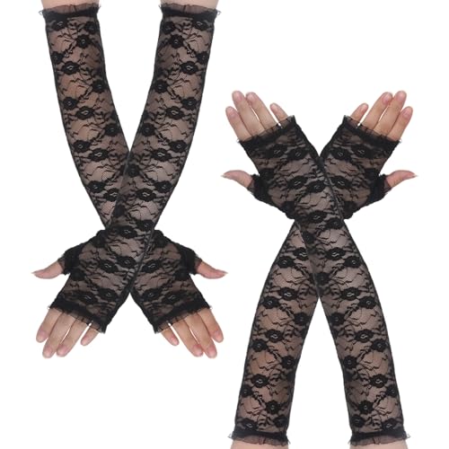 2 Pcs Lace Gloves, Black Long Lace Gloves, Elegant Vintage Long Fingerless Lacy Sleeves, Elbow-Length Lacy Arm Glove Fingerless for Tea Operas Parties Weddings Cosplay Dance Concert