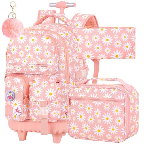 Image of CCJPX 3Pcs Rolling Backpack for Girls, Roller Wheeled School Bookbag, Daisy Wheels Backpacks with Lunch Box for Kids (Pink)