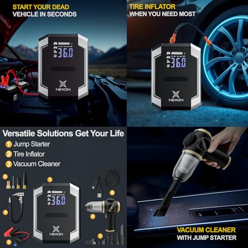 Jump Starter with Air Compressor & Vacuum Cleaner, 20000mah 150PSI 3000A Portable Car Battery Jump Starter Box (All Gas/Diesel) Auto-Shutoff, Led Light Power Bank, Tire Inflator for Car & Vehicles