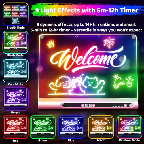 Image of Geokay 16 inch Rechargeable LED Drawing Board, 9-Color Light Modes with Timer & Built-in Stand, Neon Glow Up Dry Erase Doodle Note Pad, Sketching Gift Toy for Kids /Girls /Teens, 6 Markers & Tracing Book